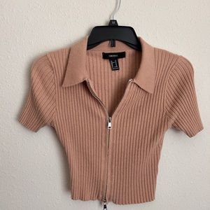 F21 collared knit zip up crop